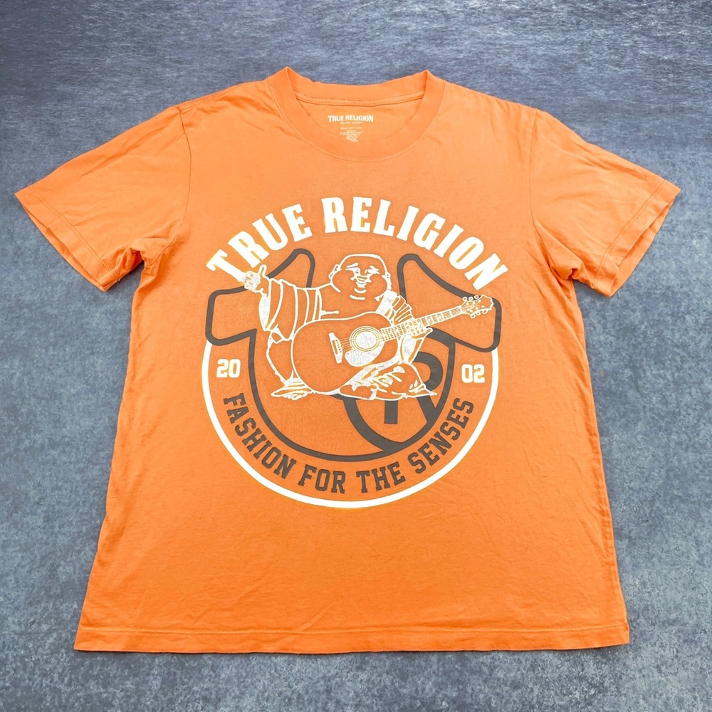 True Religion Mens Buddha Guitar Graphic T-Shirt Orange‎ 100% Cotton Medium